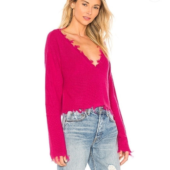 Lovers + Friends Prospect Fray Hem Barbie Pink Fuchsia V neck Cropped Sweater - Picture 3 of 10